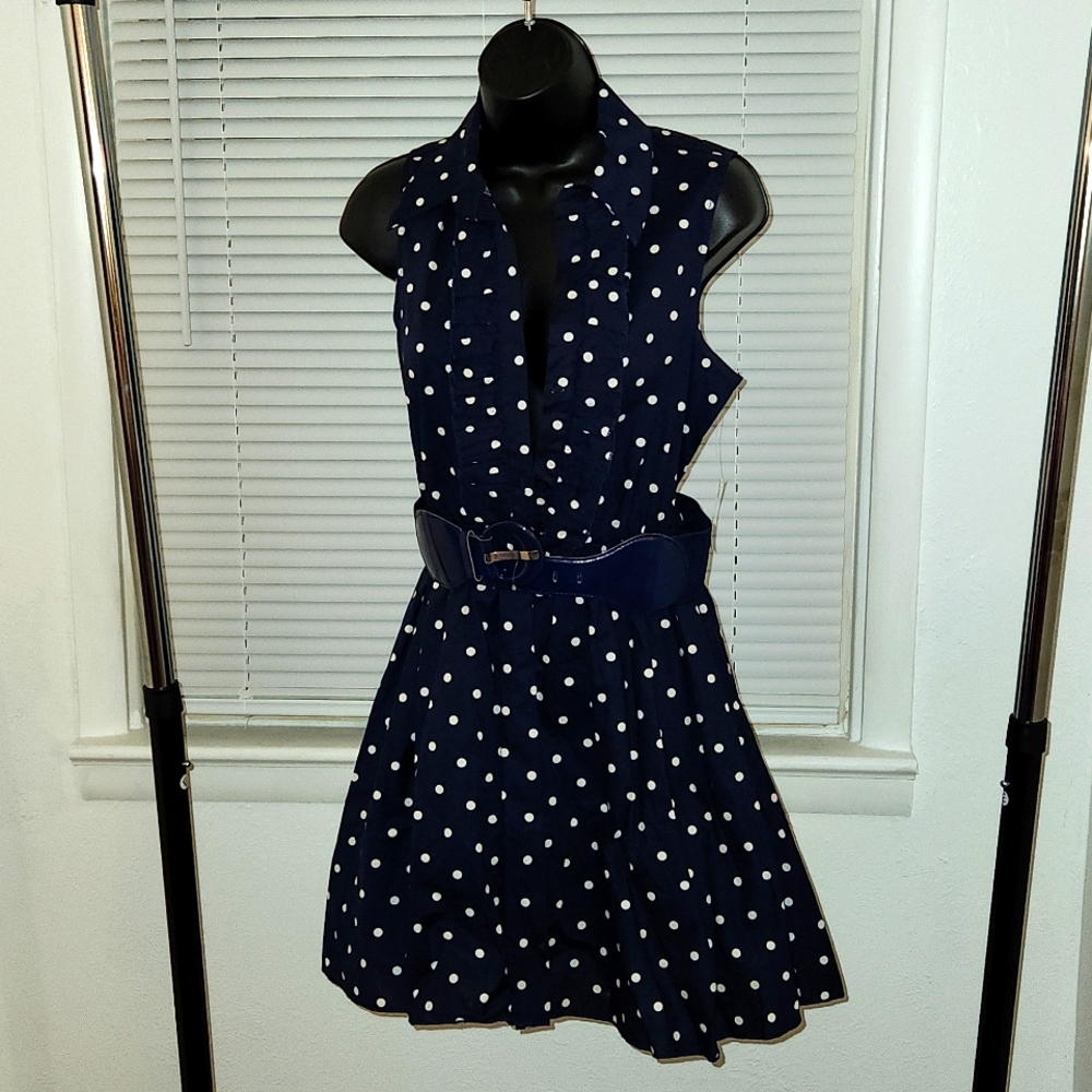 Navy blue and white polka-dot dress